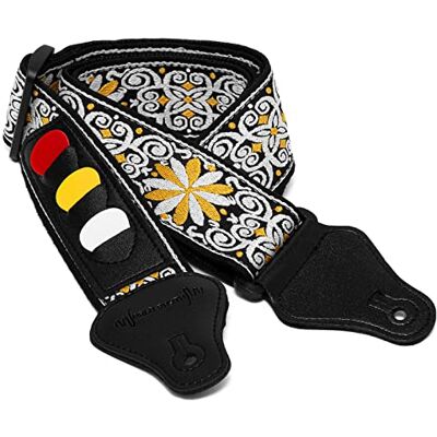 World Rhythm Sangle de guitare en coton brodé Motif floral Jaune Pour guitares électriques, acoustiques, classiques et basses avec support et médiators World Rhythm Sangle de guitare en coton brodé Motif floral Jaune Pour guitares électriques, acoustiques, classiques et basses avec support et médiators