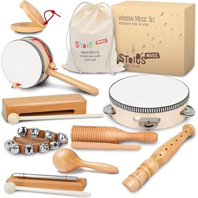 Stoie's Instrument de Musique Enfant en Bois Tambourin Bébé Batteries et Percussions pour Enfants Montessori Instruments de Musique Bebe Sac de Musique Enfant Stoie's Instrument de Musique Enfant en Bois Tambourin Bébé Batteries et Percussions pour Enfants Montessori Instruments de Musique Bebe Sac de Musique Enfant