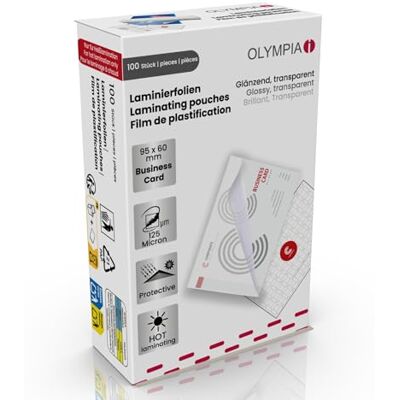 Olympia Pochettes de plastification à chaud, Pour cartes de visite, 125 microns, 100 pochettes tansparentes Olympia Pochettes de plastification à chaud, Pour cartes de visite, 125 microns, 100 pochettes tansparentes