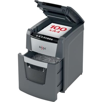 Rexel 2020100XEU Destructeur de papier automatique Optimum AutoFeed 100X, coupe en particules P-4 (4 x 28 mm), 100 feuilles A4, poubelle amovible 34L, détruit agrafes et clips, utilisation au bureau Rexel 2020100XEU Destructeur de papier automatique Optimum AutoFeed 100X, coupe en particules P-4 (4 x 28 mm), 100 feuilles A4, poubelle amovible 34L, détruit agrafes et clips, utilisation au bureau