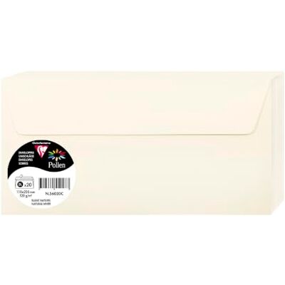 Clairefontaine 56030C Paquet de 20 Enveloppes Auto-Adhésives Format DL 11x22cm 120g/m² Coloris Blanc Naturel Invitation Evènements et Correspondance Gamme Pollen Papier Premium Clairefontaine 56030C Paquet de 20 Enveloppes Auto-Adhésives Format DL 11x22cm 120g/m² Coloris Blanc Naturel Invitation Evènements et Correspondance Gamme Pollen Papier Premium
