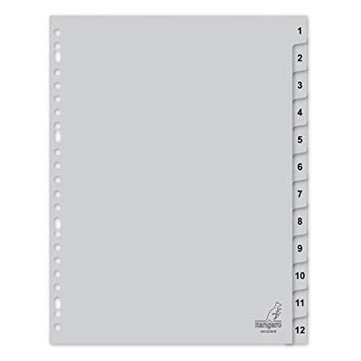Kangaro Lot de 12 intercalaires avec chiffres en polypropylène Gris Format A4 120 microns Kangaro Lot de 12 intercalaires avec chiffres en polypropylène Gris Format A4 120 microns