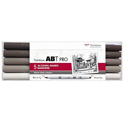 Tombow ABTP-5P-3 Marqueur à base d'alcool ABT PRO à deux pointes, set de 5 pièces, Warm Grey Colors Tombow ABTP-5P-3 Marqueur à base d'alcool ABT PRO à deux pointes, set de 5 pièces, Warm Grey Colors