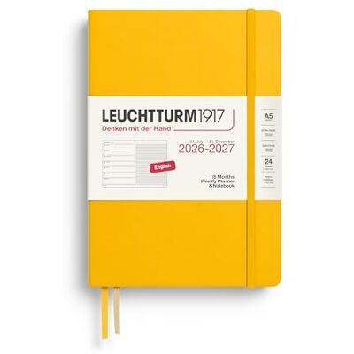 LEUCHTTURM1917 Agenda semainier 2027, format A5, avec carnet, ligné, 18 mois, juillet 2026 à décembre 2027, tournesol, couverture rigide, 210 x 145 mm, vue d'ensemble hebdomadaire à gauche + page de LEUCHTTURM1917 Agenda semainier 2027, format A5, avec carnet, ligné, 18 mois, juillet 2026 à décembre 2027, tournesol, couverture rigide, 210 x 145 mm, vue d'ensemble hebdomadaire à gauche + page de