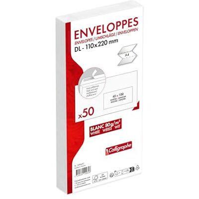 Calligraphe Clairefontaine (gamme correspondance) 10965C Paquet de 50 Enveloppes Blanches DL-110x220mm Auto-Adhésives 80g/m² Fenêtre Papier Cristal 45x100 (position 20/20) Calligraphe Clairefontaine (gamme correspondance) 10965C Paquet de 50 Enveloppes Blanches DL-110x220mm Auto-Adhésives 80g/m² Fenêtre Papier Cristal 45x100 (position 20/20)