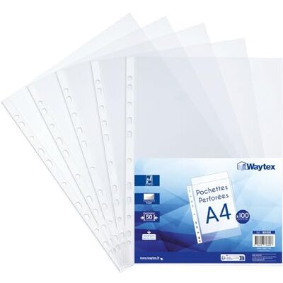 Waytex Pochettes plastiques perforées A4 transparentes lisses 50 microns pour classeur 11 trous, lot de 100 pochettes documents en polypropylène antistatique avec renfort, usage régulier Waytex Pochettes plastiques perforées A4 transparentes lisses 50 microns pour classeur 11 trous, lot de 100 pochettes documents en polypropylène antistatique avec renfort, usage régulier