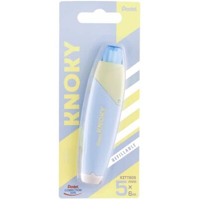 Pentel XZTT805S-WY Knoky Ruban correcteur avec mécanisme de pression, forme ergonomique, rechargeable, longueur 6 m, largeur 5 mm, couleur du boîtier bleu clair, 1 pièce sur carte blister Pentel XZTT805S-WY Knoky Ruban correcteur avec mécanisme de pression, forme ergonomique, rechargeable, longueur 6 m, largeur 5 mm, couleur du boîtier bleu clair, 1 pièce sur carte blister
