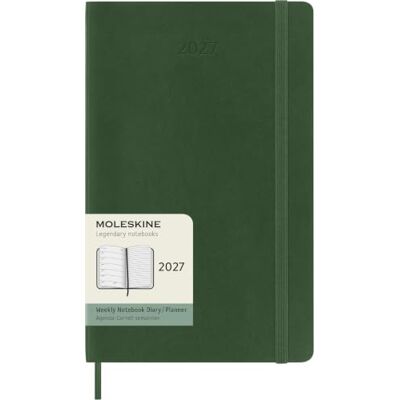 Moleskine Agenda hebdomadaire 2027 12 mois avec espace pour notes, couverture souple et fermeture élastique, grand format 13 x 21 cm, vert myrte Moleskine Agenda hebdomadaire 2027 12 mois avec espace pour notes, couverture souple et fermeture élastique, grand format 13 x 21 cm, vert myrte