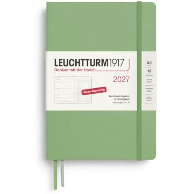 LEUCHTTURM1917 Agenda hebdomadaire 2027 Dotted Medium (A5) avec carnet Agenda semainier en allemand, sauge, janvier à décembre 2027, vue hebdomadaire à gauche + page de notes à droite LEUCHTTURM1917 Agenda hebdomadaire 2027 Dotted Medium (A5) avec carnet Agenda semainier en allemand, sauge, janvier à décembre 2027, vue hebdomadaire à gauche + page de notes à droite