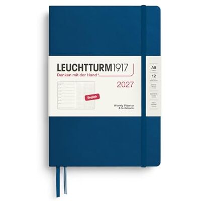 LEUCHTTURM1917 Agenda hebdomadaire 2027 Dotted Medium (A5) avec carnet à pois Agenda semainier en anglais, indigo, couverture rigide, 145 x 210 mm, janvier à décembre 2027, vue hebdomadaire à gauche LEUCHTTURM1917 Agenda hebdomadaire 2027 Dotted Medium (A5) avec carnet à pois Agenda semainier en anglais, indigo, couverture rigide, 145 x 210 mm, janvier à décembre 2027, vue hebdomadaire à gauche