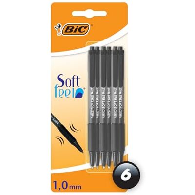 BIC Lot de 6 stylos à bille rétractables doux au toucher, idéal pour l'école et le bureau, pointe moyenne (1,0 mm), noir BIC Lot de 6 stylos à bille rétractables doux au toucher, idéal pour l'école et le bureau, pointe moyenne (1,0 mm), noir