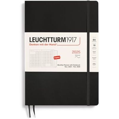 LEUCHTTURM1917 370706 Agenda mensuel et carnet de notes 2025, Composition B5, couverture souple, 16 mois, ligné, noir, anglais LEUCHTTURM1917 370706 Agenda mensuel et carnet de notes 2025, Composition B5, couverture souple, 16 mois, ligné, noir, anglais