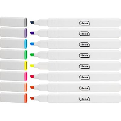 Idena 11130 Lot de 8 surligneurs aux couleurs vives Pointe biseautée avec trait 1-4 mm Idena 11130 Lot de 8 surligneurs aux couleurs vives Pointe biseautée avec trait 1-4 mm