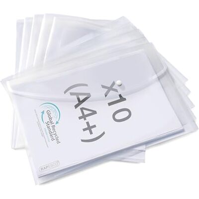 Rapesco 1816 ECO Pochette à Bouton Pression, A4+, Transparent, Lot de 10 Matériau Recyclé Rapesco 1816 ECO Pochette à Bouton Pression, A4+, Transparent, Lot de 10 Matériau Recyclé