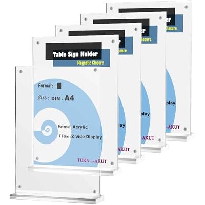 TUKA-i-AKUT Lot de 5 supports de table en acrylique A4 Portrait, fermeture magnétique, support de panneau double face, support de table, support de table en T, carte de menu publicitaire, affiche TUKA-i-AKUT Lot de 5 supports de table en acrylique A4 Portrait, fermeture magnétique, support de panneau double face, support de table, support de table en T, carte de menu publicitaire, affiche