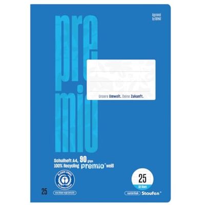 Staufen premio Lot de 5 cahiers de 32 feuilles chacun, format A4, linéature 25 (ligné avec marge), papier recyclé 90 g/m², coins arrondis pour éviter les « oreilles d'âne » Staufen premio Lot de 5 cahiers de 32 feuilles chacun, format A4, linéature 25 (ligné avec marge), papier recyclé 90 g/m², coins arrondis pour éviter les « oreilles d'âne »