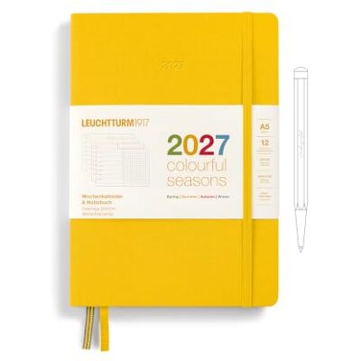 LEUCHTTURM1917 Agenda hebdomadaire et carnet de notes Dotted Medium (A5) 2027, coloré saisons, jaune, allemand, couverture rigide, aperçu du calendrier 2026/2027/2028, aperçu de la planification 01.27 LEUCHTTURM1917 Agenda hebdomadaire et carnet de notes Dotted Medium (A5) 2027, coloré saisons, jaune, allemand, couverture rigide, aperçu du calendrier 2026/2027/2028, aperçu de la planification 01.27