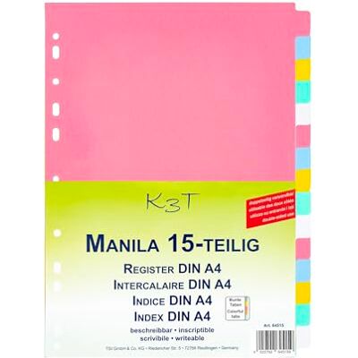 K3T Intercalaires de 15 pièces en carton manille solide avec onglets colorés, n° d'article 64515 K3T Intercalaires de 15 pièces en carton manille solide avec onglets colorés, n° d'article 64515