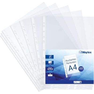 Waytex Pochettes plastiques perforées A4 transparentes lisses 50 microns pour classeur 11 trous, lot de 500 pochettes documents en polypropylène antistatique avec renfort, usage régulier Waytex Pochettes plastiques perforées A4 transparentes lisses 50 microns pour classeur 11 trous, lot de 500 pochettes documents en polypropylène antistatique avec renfort, usage régulier