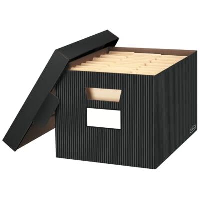 Bankers Box STOR/File Lot de 4 boîtes de rangement décoratives de taille moyenne, à pliage rapide, avec couvercle amovible, lettre/légal, noir/gris à rayures fines Bankers Box STOR/File Lot de 4 boîtes de rangement décoratives de taille moyenne, à pliage rapide, avec couvercle amovible, lettre/légal, noir/gris à rayures fines