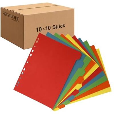 Westcott E-1733312 00 Lot de 10 intercalaires pour classeurs A4 10 onglets colorés en 5 couleurs comme organisateur de classeurs Robuste 160 g/m² avec perforation européenne E-1733312 00 Westcott E-1733312 00 Lot de 10 intercalaires pour classeurs A4 10 onglets colorés en 5 couleurs comme organisateur de classeurs Robuste 160 g/m² avec perforation européenne E-1733312 00