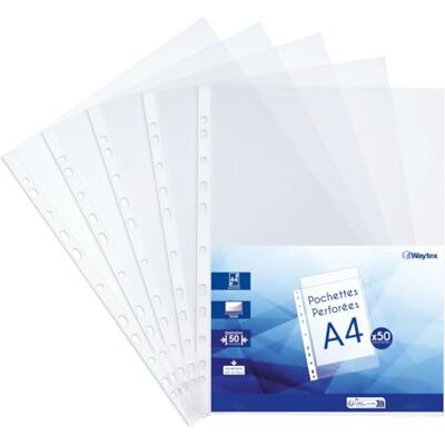 Waytex Pochettes plastiques perforées A4 transparentes lisses 50 microns pour classeur 11 trous, lot de 50 pochettes documents en polypropylène antistatique avec renfort, usage régulier Waytex Pochettes plastiques perforées A4 transparentes lisses 50 microns pour classeur 11 trous, lot de 50 pochettes documents en polypropylène antistatique avec renfort, usage régulier