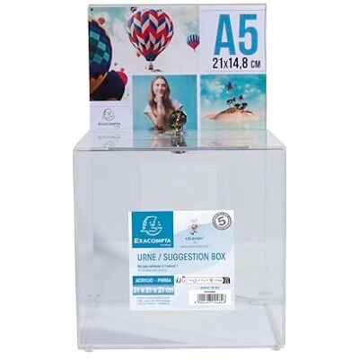 EXACOMPTA Réf. 89258D 1 urne avec couvercle fermant à clé, pour billets, scrutins, boîte à idées, dons, avec affichette A5, acrylique transparent Dimensions : 21 x 21 x 21 cm Couleur cristal EXACOMPTA Réf. 89258D 1 urne avec couvercle fermant à clé, pour billets, scrutins, boîte à idées, dons, avec affichette A5, acrylique transparent Dimensions : 21 x 21 x 21 cm Couleur cristal