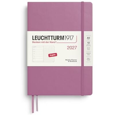 LEUCHTTURM1917 Agenda hebdomadaire 2027 Pointed Medium (A5) avec carnet à pois Agenda semainier Anglais Dusty Rose Couverture rigide Janvier Décembre 2027 Vue hebdomadaire à gauche + page de note à LEUCHTTURM1917 Agenda hebdomadaire 2027 Pointed Medium (A5) avec carnet à pois Agenda semainier Anglais Dusty Rose Couverture rigide Janvier Décembre 2027 Vue hebdomadaire à gauche + page de note à