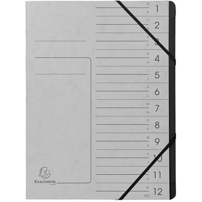 EXACOMPTA Réf. 541211E Carton de 10 trieurs dos agrafé avec élastiques couverture imprimée en carte lustrée et intérieur en carte recyclée noire 12 compartiments 24,5x 32 cm A4 gris EXACOMPTA Réf. 541211E Carton de 10 trieurs dos agrafé avec élastiques couverture imprimée en carte lustrée et intérieur en carte recyclée noire 12 compartiments 24,5x 32 cm A4 gris