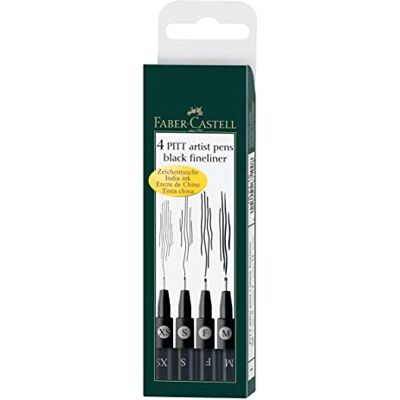 Faber-Castell 167115 Crayons à encre de Chine Pitt Artist Pen, paquet de 4, contenu : M, F, S, XS, noir Faber-Castell 167115 Crayons à encre de Chine Pitt Artist Pen, paquet de 4, contenu : M, F, S, XS, noir