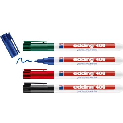 Edding 400 Marqueur permanent noir, rouge, bleu, vert 4 stylos pointe ronde fine 1 mm sèche vite, résiste à l'eau et aux frottements pour carton, plastique, bois, métal, verre Edding 400 Marqueur permanent noir, rouge, bleu, vert 4 stylos pointe ronde fine 1 mm sèche vite, résiste à l'eau et aux frottements pour carton, plastique, bois, métal, verre