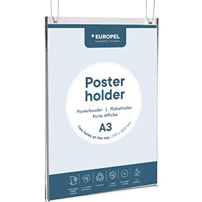 Europel Porte-affiches A3 Double face 2 trous de suspension Acrylique transparent Emplacement supérieur ou latéral Pour bureau, galerie et foire Europel Porte-affiches A3 Double face 2 trous de suspension Acrylique transparent Emplacement supérieur ou latéral Pour bureau, galerie et foire