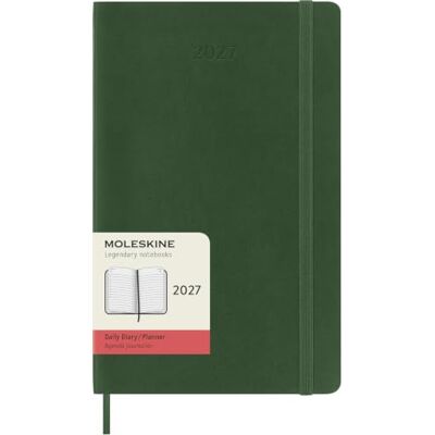 Moleskine Agenda journalier 2027, couverture souple, 12 mois avec fermeture élastique, grand format 13 x 21 cm, vert myrte Moleskine Agenda journalier 2027, couverture souple, 12 mois avec fermeture élastique, grand format 13 x 21 cm, vert myrte