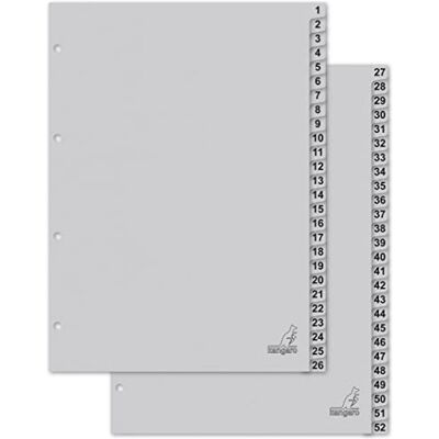Kangaro Lot de 52 intercalaires en carton DIN A4 Chiffres 1 à 52 180 g/m² Gris recyclé FSC Kangaro Lot de 52 intercalaires en carton DIN A4 Chiffres 1 à 52 180 g/m² Gris recyclé FSC