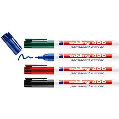 Edding 400 Marqueur permanent noir, rouge, bleu, vert 4 stylos pointe ronde fine 1 mm sèche vite, résiste à l'eau et aux frottements pour carton, plastique, bois, métal, verre Edding 400 Marqueur permanent noir, rouge, bleu, vert 4 stylos pointe ronde fine 1 mm sèche vite, résiste à l'eau et aux frottements pour carton, plastique, bois, métal, verre