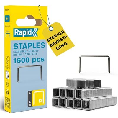 Rapid tackernieten No. 13, 4 mm, 1.600 stuks fijndraadnieten Gegalvaniseerd kwaliteitsstaal; precieze aansnijding; compatibel met No. 13 tackeren; voor hout, stoffen en canvasdoeken Rapid tackernieten No. 13, 4 mm, 1.600 stuks fijndraadnieten Gegalvaniseerd kwaliteitsstaal; precieze aansnijding; compatibel met No. 13 tackeren; voor hout, stoffen en canvasdoeken