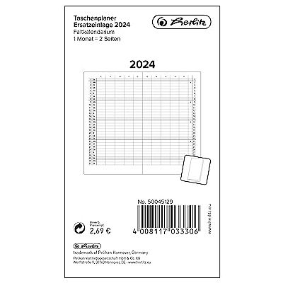 herlitz Agenda de poche de rechange 2024, calendrier pliant, 1 mois = 2 pages herlitz Agenda de poche de rechange 2024, calendrier pliant, 1 mois = 2 pages