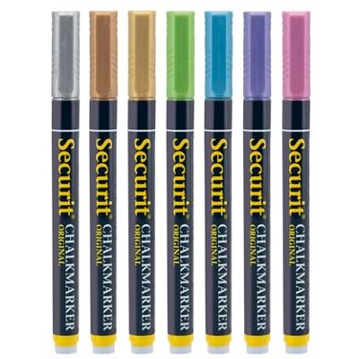 SECURIT Lot de 7 marqueurs à craie, métallique, multicolore, vert/bleu/violet/rose/marron/or/argent ; petite pointe de 1 à 2 mm BL-SMA100-V7-MT SECURIT Lot de 7 marqueurs à craie, métallique, multicolore, vert/bleu/violet/rose/marron/or/argent ; petite pointe de 1 à 2 mm BL-SMA100-V7-MT