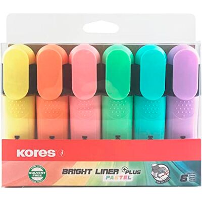 Kores Bright Liner Plus : Surligneurs Pastel, Pointe Biseautée et Encre à Base d'Eau, Forme Ergonomique, Fournitures Scolaires et de Bureau, Paquet de 6 Couleurs Assorties Kores Bright Liner Plus : Surligneurs Pastel, Pointe Biseautée et Encre à Base d'Eau, Forme Ergonomique, Fournitures Scolaires et de Bureau, Paquet de 6 Couleurs Assorties