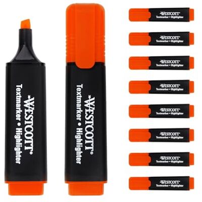Westcott E-743600 00 Lot de 10 surligneurs Orange vif Épaisseur de trait 2 à 5 mm Encre de qualité supérieure en provenance d'Allemagne Westcott E-743600 00 Lot de 10 surligneurs Orange vif Épaisseur de trait 2 à 5 mm Encre de qualité supérieure en provenance d'Allemagne