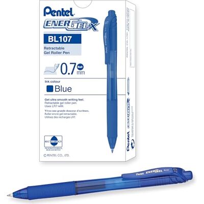 Pentel Lot de 12 BL107 EnergelX Rollers gel rétractable pointe 0,7 mm Bleu Pentel Lot de 12 BL107 EnergelX Rollers gel rétractable pointe 0,7 mm Bleu