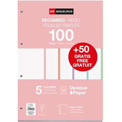 Miquelrius Bloc de recharge de feuilles A4 quadrillées 5 x 5 mm, 150 feuilles de 90 g/m² en 5 couleurs intenses, avec perforations standard pour classeur à anneaux, fournitures scolaires Miquelrius Bloc de recharge de feuilles A4 quadrillées 5 x 5 mm, 150 feuilles de 90 g/m² en 5 couleurs intenses, avec perforations standard pour classeur à anneaux, fournitures scolaires