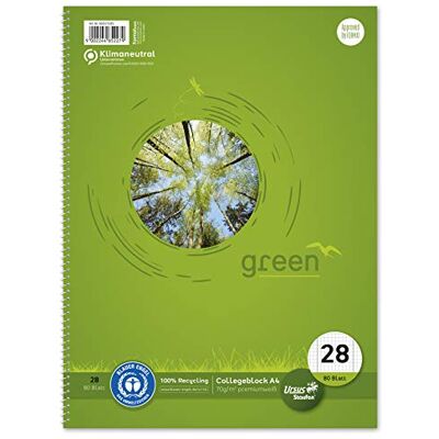 Staufen Green Collegeblock Cahier DIN A4, linéature 28 (quadrillé de 5 mm avec marges), 80 feuilles, 4 perforations, papier recyclé blanc premium 70 g/m², 1 pièce Staufen Green Collegeblock Cahier DIN A4, linéature 28 (quadrillé de 5 mm avec marges), 80 feuilles, 4 perforations, papier recyclé blanc premium 70 g/m², 1 pièce