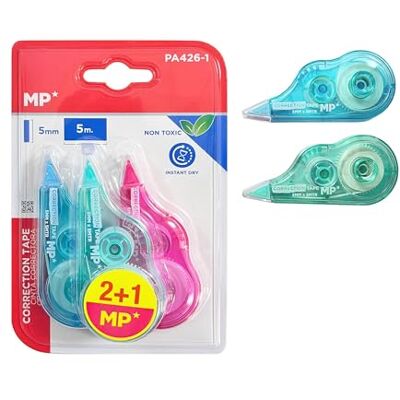 MP Lot de 3 rouleaux correcteurs souris, 5 m x 5 mm, ruban correcteur précis, effaçable immédiatement, pour bureau, bureau à domicile ou école, coacts MP Lot de 3 rouleaux correcteurs souris, 5 m x 5 mm, ruban correcteur précis, effaçable immédiatement, pour bureau, bureau à domicile ou école, coacts