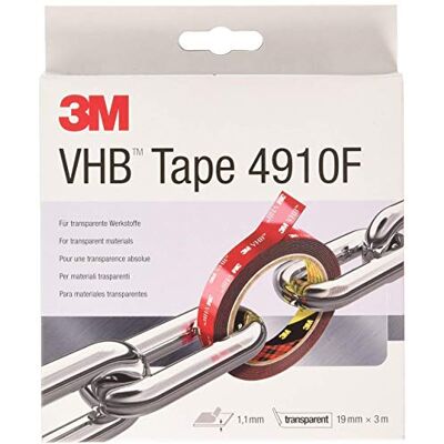 VHB 3M 4910F, Ruban Adhésif Mousse Double Face pour Créer des Assemblages de Matériaux Transparents ou Partout où un Collage Transparent est Nécessaire Transparent, 19 mm x 3 m, 1.0 mm (1 Rouleau) VHB 3M 4910F, Ruban Adhésif Mousse Double Face pour Créer des Assemblages de Matériaux Transparents ou Partout où un Collage Transparent est Nécessaire Transparent, 19 mm x 3 m, 1.0 mm (1 Rouleau)