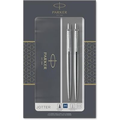 Parker Jotter Duo Coffret-cadeau avec Stylo Bille et Portemine (0,5mm) Acier inoxydable avec attributs chromés Parker Jotter Duo Coffret-cadeau avec Stylo Bille et Portemine (0,5mm) Acier inoxydable avec attributs chromés