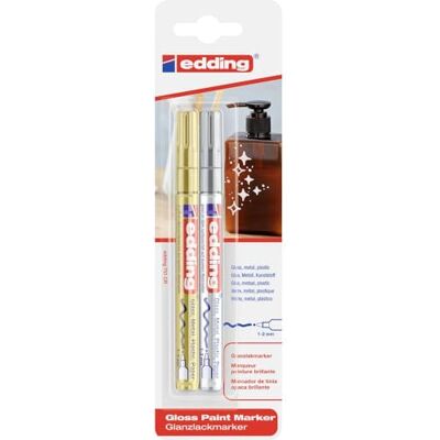 Edding 751 Marqueur peinture brillante or, argent 2 feutres peinture brillante pointe ronde 1-2mm pour dessin, coloriage, scrapbooking étanche, très opaque Edding 751 Marqueur peinture brillante or, argent 2 feutres peinture brillante pointe ronde 1-2mm pour dessin, coloriage, scrapbooking étanche, très opaque
