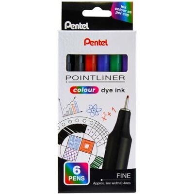 Pentel S40 Pointliner Lot de 6 stylos à pointe fine avec encre colorée, ligne de 0,4 mm, couleurs assorties Pentel S40 Pointliner Lot de 6 stylos à pointe fine avec encre colorée, ligne de 0,4 mm, couleurs assorties