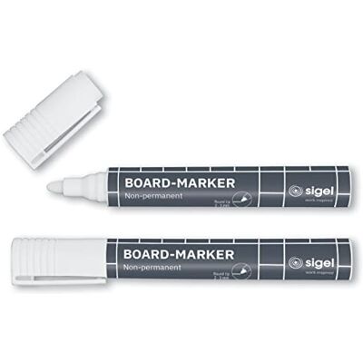 Sigel BA715 Lot de 2 marqueurs pour tableaux en verre foncé ou miroir, effaçables. Pointes ogives Ø 2-3 mm, blanc Sigel BA715 Lot de 2 marqueurs pour tableaux en verre foncé ou miroir, effaçables. Pointes ogives Ø 2-3 mm, blanc