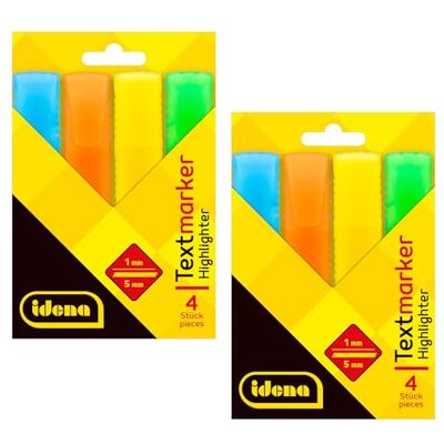 Idena 90259 Lot de 2 paquets de 4 surligneurs dans les couleurs jaune fluo, orange fluo, bleu fluo et vert fluo, pointe biseautée avec largeur de trait de 1 à 5 mm Idena 90259 Lot de 2 paquets de 4 surligneurs dans les couleurs jaune fluo, orange fluo, bleu fluo et vert fluo, pointe biseautée avec largeur de trait de 1 à 5 mm